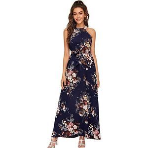 Navy Blue Floral Print Maxi Halter Dress